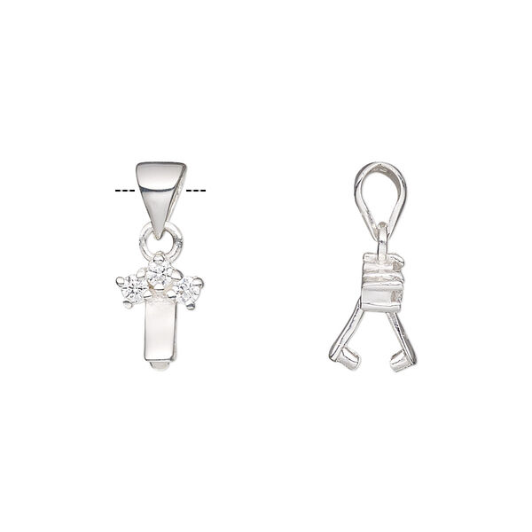 Bail, ice-pick, sterling silver and cubic zirconia, clear, 9.5x7mm with 3.5mm grip length. Sold individually. image number 0