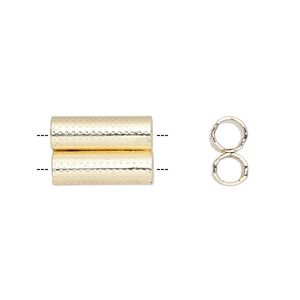 Bead, gold-finished steel, 15.5x10mm double tube with dot pattern. Sold per pkg of 10.