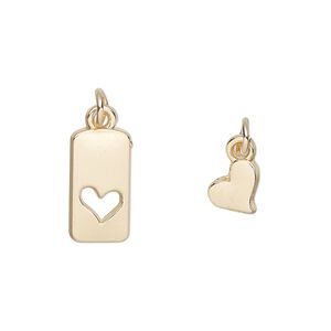 Charm, gold-finished "pewter" (zinc-based alloy) and steel, 15x8mm rectangle with heart cutout design and 8x6mm single-sided flat heart. Sold per pkg of (2) 2-piece sets.