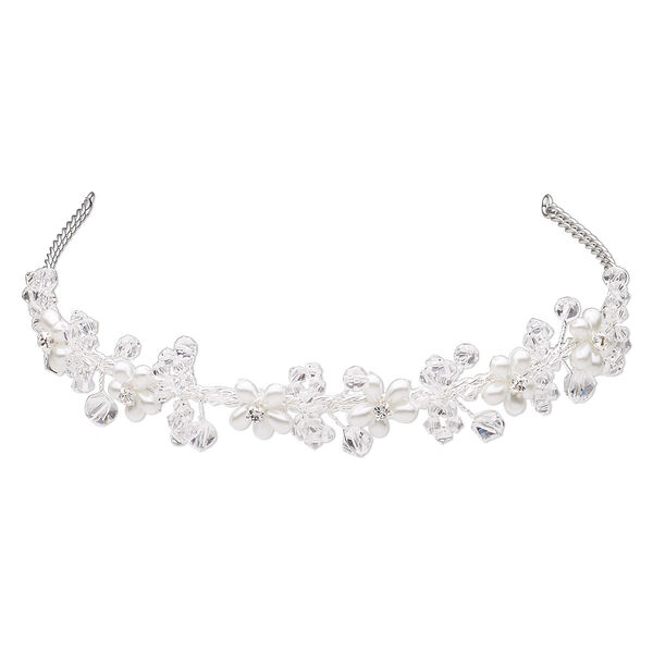 Headband, glass / glass pearl / glass rhinestone / imitation rhodium-plated brass, white and clear, 23mm wide with 2 loops, 15 inches. Sold individually. image number 0
