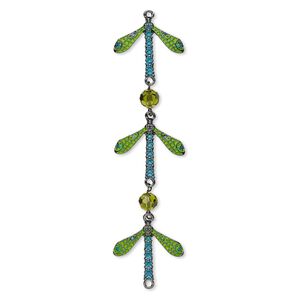 Chain, glass rhinestone / glass / enamel / gunmetal-finished "pewter" (zinc-based alloy), teal / green / olive green, 7mm round and 30x26.5mm dragonfly. Sold per pkg of 5 inches.