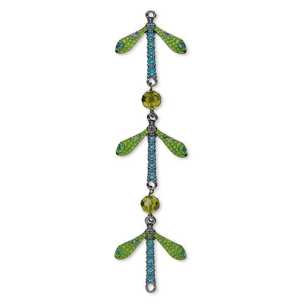Chain, glass rhinestone / glass / enamel / gunmetal-finished "pewter" (zinc-based alloy), teal / green / olive green, 7mm round and 30x26.5mm dragonfly. Sold per pkg of 5 inches. image number 0