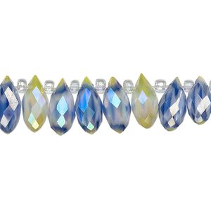 Bead, millefiori glass, marbled blue and yellow AB, 12x6mm top-drilled faceted teardrop. Sold per 6-inch strand, approximately 25 beads.