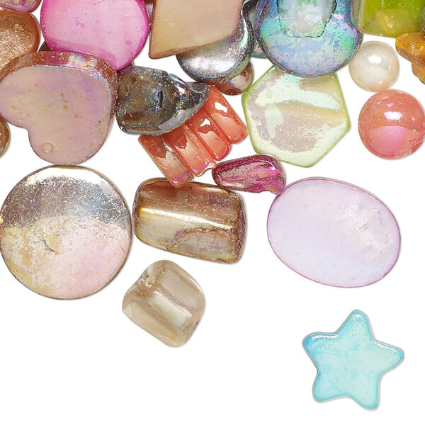 Bead mix, mother-of-pearl shell (natural / bleached / dyed), mixed colors, 4mm-20x16mm mixed shapes with 0.6-0.8mm hole, Mohs hardness 3-1/2. Sold per 2-ounce pkg, approximately 95 beads. image number 0