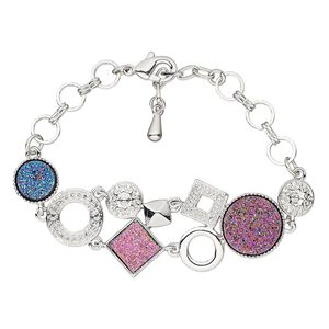 Bracelet, druzy (imitation) / imitation rhodium-plated brass / steel / "pewter" (zinc-based alloy), blue and pink, 27mm wide, 6 inches with 1-inch extender chain and lobster claw clasp. Sold individually.