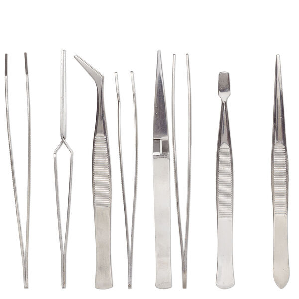 Tweezers, stainless steel, 4-1/2 inch to 4-3/4 inch assorted shape. Sold per 4-piece set. image number 0