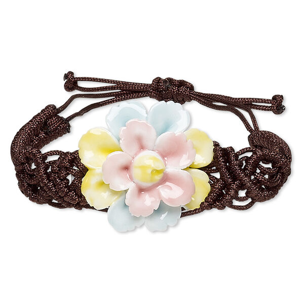 Bracelet, nylon and porcelain, multicolored, 42x34mm-54x46mm flower, adjustable from 5-1/2 to 7 inches with macramé knot closure. Sold individually. image number 0