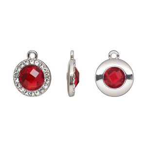 Drop, glass / glass rhinestone / imitation rhodium-finished "pewter" (zinc-based alloy), clear and transparent ruby red, 15.5mm single-sided round. Sold per pkg of 2.