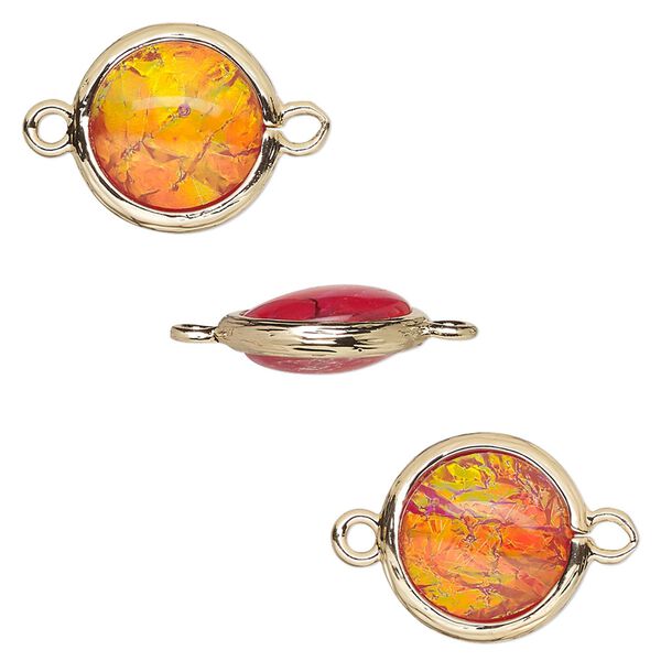 Link, Opalized Ice™, "opal" (resin) and gold-finished brass, orange, 14mm double-sided round. Sold per pkg of 4. image number 0