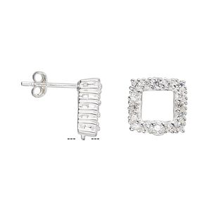 Earstud 1pkg2 sterling silver / cubic zirconia, 12mm open square / closed loop, clear 1 pair