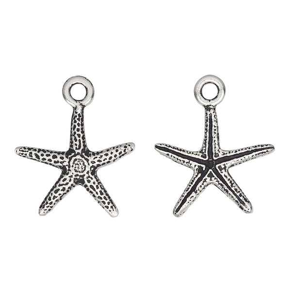 Charm, TierraCast®, antique silver-plated pewter (tin-based alloy), 18x17mm 3D starfish. Sold per pkg of 2. image number 0