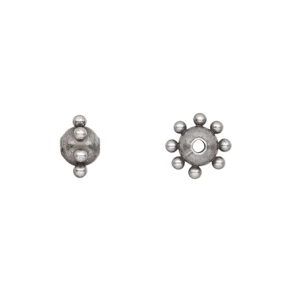 Bead, antiqued silver-plated steel, 9x6mm studded round. Sold per pkg of 10. image number 0