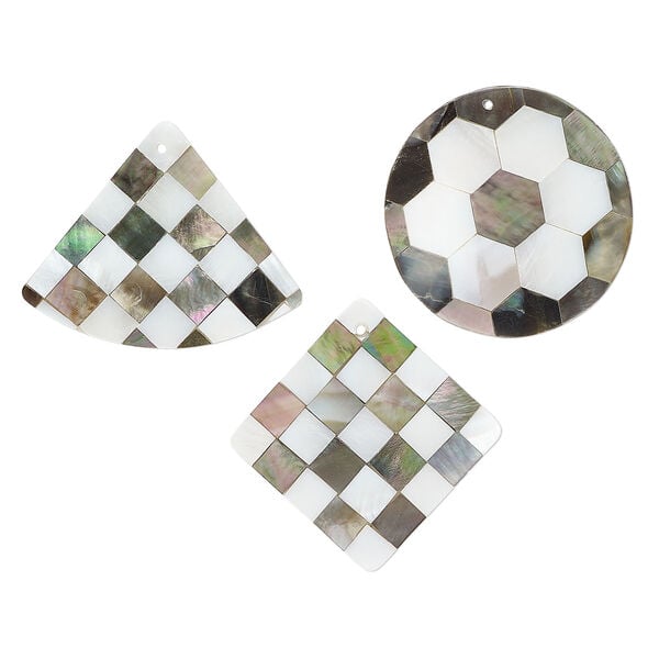 Component and focal mix, black lip shell / mother-of-pearl shell / resin (assembled) 1pkg3, 29x20mm-40x30mm top-drilled 1sided flat mixed shapes with honeycomb and checkerboard pattern. image number 0