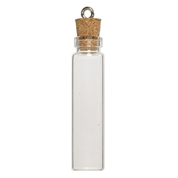 Component, glass / cork / nickel-finished steel, clear, 45x11mm bottle with stopper and screw eye. Sold per pkg of 10. image number 1