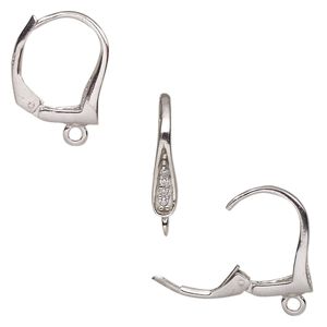 Ear wire leverback 1pkg2 rhodium-plated sterling silver / cubic zirconia, 18mm / closed loop, clear 1 pair