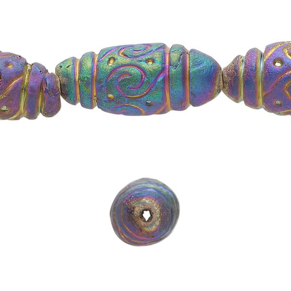 Bead, pressed clay, rainbow, 24x10mm-26x12mm handmade textured oval. Sold per 16-inch strand, approximately 15 beads. image number 0