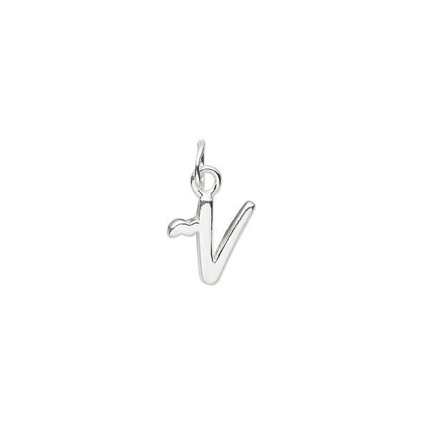 Charm, sterling silver, 9x8mm Champagne cursive alphabet letter "V." Sold individually. image number 0