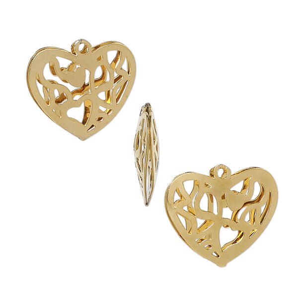 Charm, gold-finished stainless steel, 18x15mm double-sided domed heart with textured cut-out fancy design. Sold per pkg of 6. image number 0