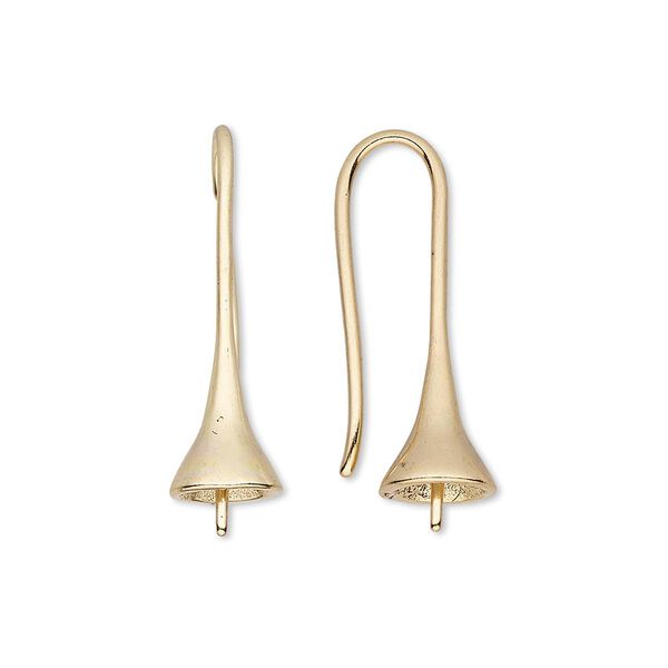 Ear wire, gold-plated brass, 25mm fishhook bell with 3.5mm peg, fits 8-10mm half-drilled bead, 18 gauge. Sold per pkg of 50 pairs. image number 0