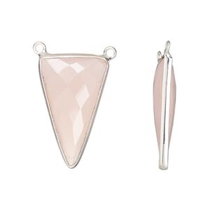 Connector, sterling silver and pink chalcedony (dyed), 25x15mm hand-cut double-sided faceted triangle with 2 closed loops, Mohs hardness 6-1/2 to 7. Sold individually.