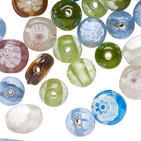 Bead mix, millefiori glass, translucent mixed colors, 9x5mm-14x10mm mixed shapes. Sold per 3-ounce pkg, approximately 90 beads. image number 0