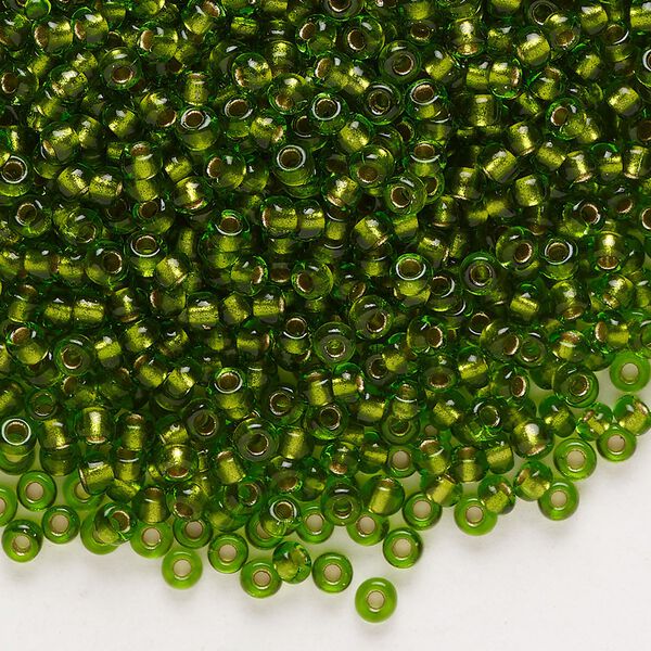 Seed bead, glass, pkg/50g, #8 rocaille, transparent color-lined bronze dark peridot. image number 0