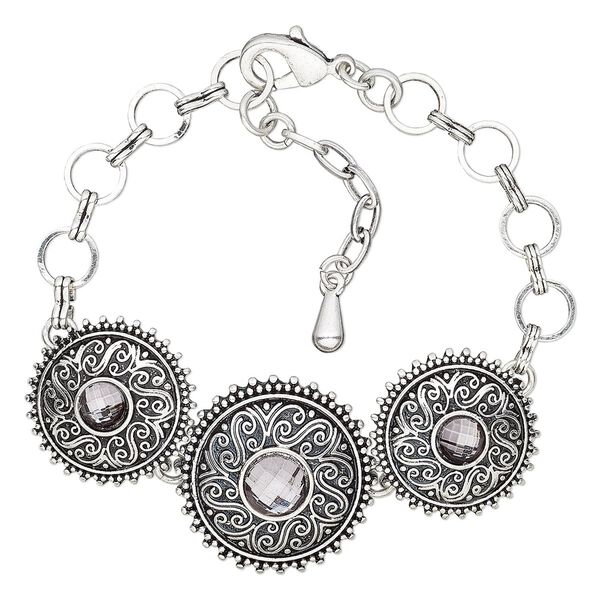 Bracelet, glass rhinestone / antique silver-plated brass / steel / "pewter" (zinc-based alloy), grey, 25mm wide with round, 6-1/2 inches with 1-inch extender chain and lobster claw clasp. Sold individually. image number 0
