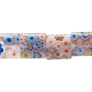 Bead, millefiori glass, translucent pink and multicolored, 11mm-13x12mm puffed square with flower design. Sold per 14-inch strand.