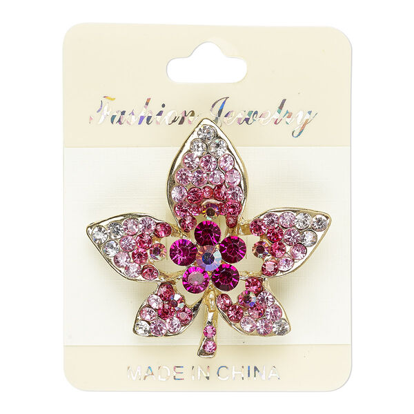 Brooch, glass rhinestone and gold-finished "pewter" (zinc-based alloy), multicolored, 47x46mm maple leaf. Sold individually. image number 0