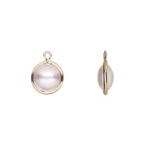 Drop, acrylic pearl and gold-finished brass, cream, 10mm double-sided round. Sold per pkg of 10.