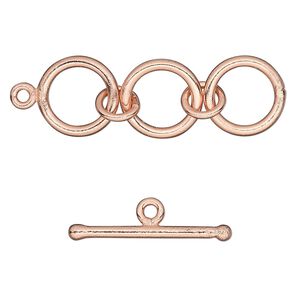Clasp toggle 1pkg2 copper-plated, 40x13mm 3-ring, copper 1-strand