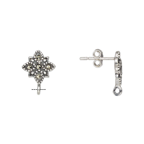 Earstud, marcasite (natural) and antiqued sterling silver, 10mm flower with open loop. Sold per pair. image number 0