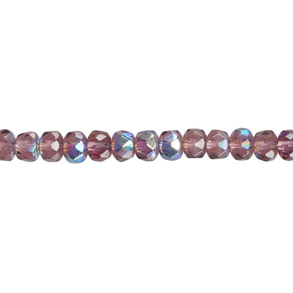 Bead, Czech fire-polished glass, amethyst purple AB, 5x4mm faceted rondelle. Sold per 15-1/2" to 16" strand. image number 0