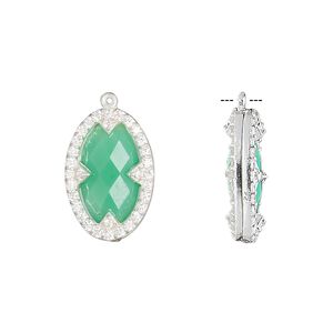 Drop, chalcedony (dyed) / cubic zirconia / sterling silver, clear and sea green, 18x12mm double-sided faceted oval. Sold individually.