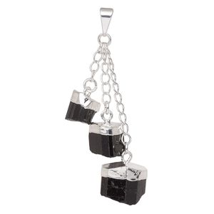Pendant, Everyday Jewelry, silver-plated brass and black tourmaline (natural), (3) 49-51mm dangling points. Sold individually.