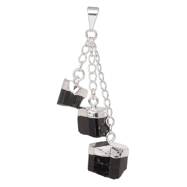 Pendant, Everyday Jewelry, silver-plated brass and black tourmaline (natural), (3) 49-51mm dangling points. Sold individually. image number 0