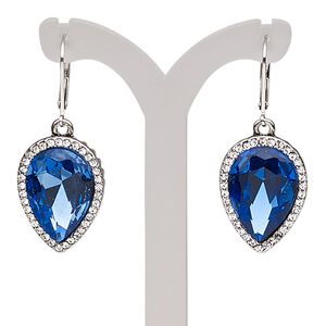Earring, glass rhinestone / glass / imitation rhodium-plated brass / "pewter" (zinc-based alloy), sapphire blue and clear, 42mm with teardrop and leverback ear wire. Sold per pair.