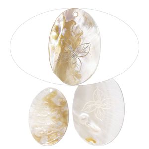 Focal, mother-of-pearl shell (natural/bleached), 54x38mm-68x50mm hand-carved oval with flower design, Mohs hardness 3-1/2. Sold per pkg of 3.