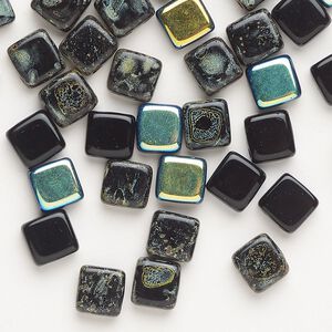 Bead, Czech pressed glass, pkg/38, opaque black AB, 6mm 2-strand flat square, fits up to (2) 3mm round beads.