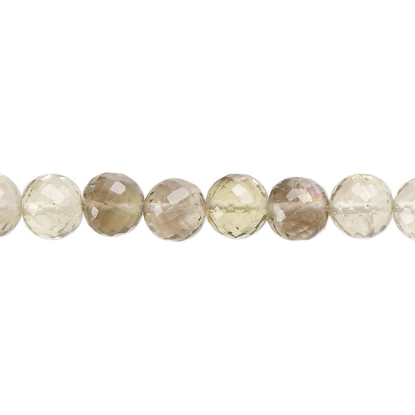 Bead, lemon smoky quartz (heated / irradiated), 6-7mm hand-cut micro-faceted round, B+ grade, Mohs hardness 7. Sold per 8-inch strand, approximately 30 beads. image number 0