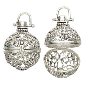 Focal, antique silver-finished brass, 32x25mm round bead cage with cutout fancy design and safely latch, fits up to 18mm bead. Sold individually.