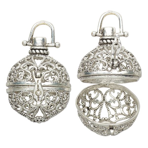 Focal, antique silver-finished brass, 32x25mm round bead cage with cutout fancy design and safely latch, fits up to 18mm bead. Sold individually. image number 0