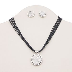 Necklace and earring set, 8-strand, druzy (imitation) / waxed cotton cord / silver-plated brass / steel / "pewter" (zinc-based alloy), silver and black, 30mm round, 16 inches with 3-inch extender chain and lobster claw clasp, 19mm round with post. Sold per set.