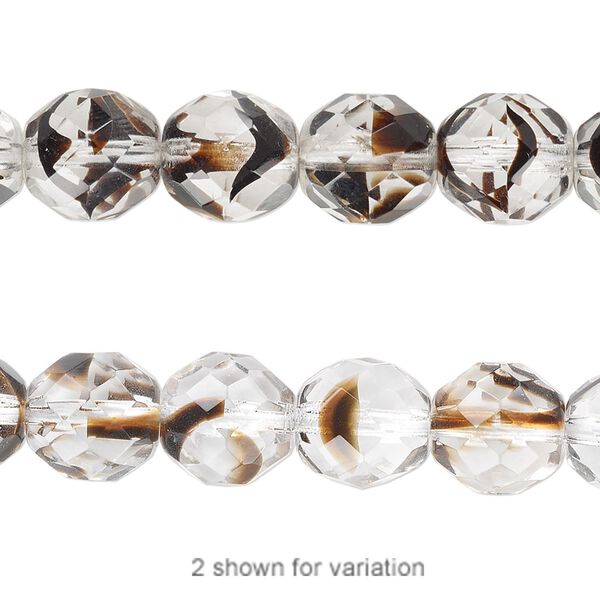 Bead, Czech fire-polished glass, clear / black / brown, 10mm faceted round. Sold per 15-1/2" to 16" strand. image number 0