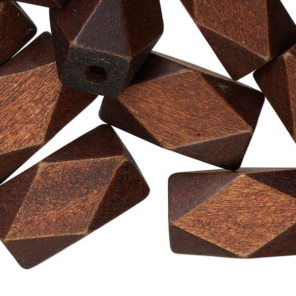 Bead, wood (dyed), dark brown, 22x13mm hand-cut faceted tube. Sold per pkg of 25. image number 0