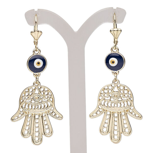 Earring, enamel / gold-finished steel / brass / "pewter" (zinc-based alloy), multicolored, 2-3/4 inches with Fatima hand and cutout design with wards off the evil design and leverback ear wire. Sold per pair. image number 0