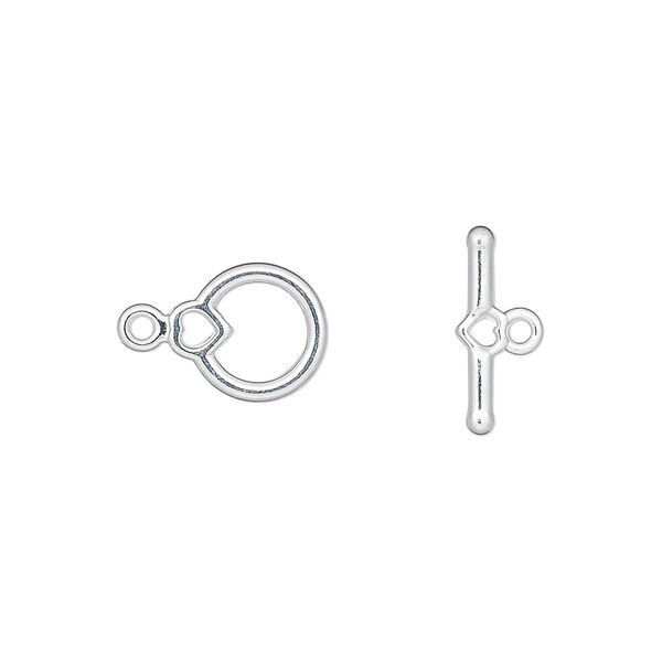 Clasp, toggle, silver-plated "pewter" (zinc-based alloy), 10x9mm round with heart. Sold per pkg of 100. image number 0