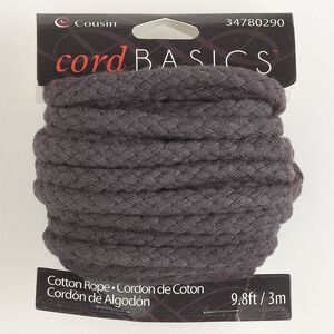 Cord, cotton, dark grey, 6mm braided round. Sold per 3-meter section.