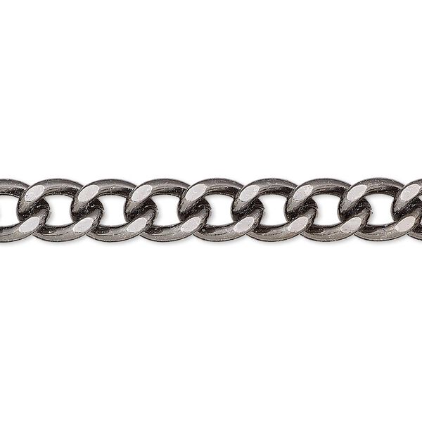 Chain, gunmetal-plated steel, 7mm flat curb. Sold per pkg of 5 feet. image number 0