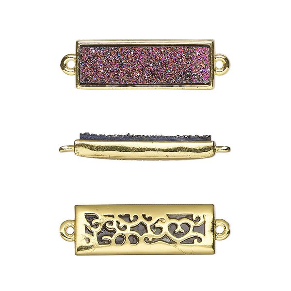Link, Druzylite™, "druzy" (resin) and gold-finished brass, metallic purple, 21x8mm two-sided rectangle with open filigree back. Sold per pkg of 4. image number 0